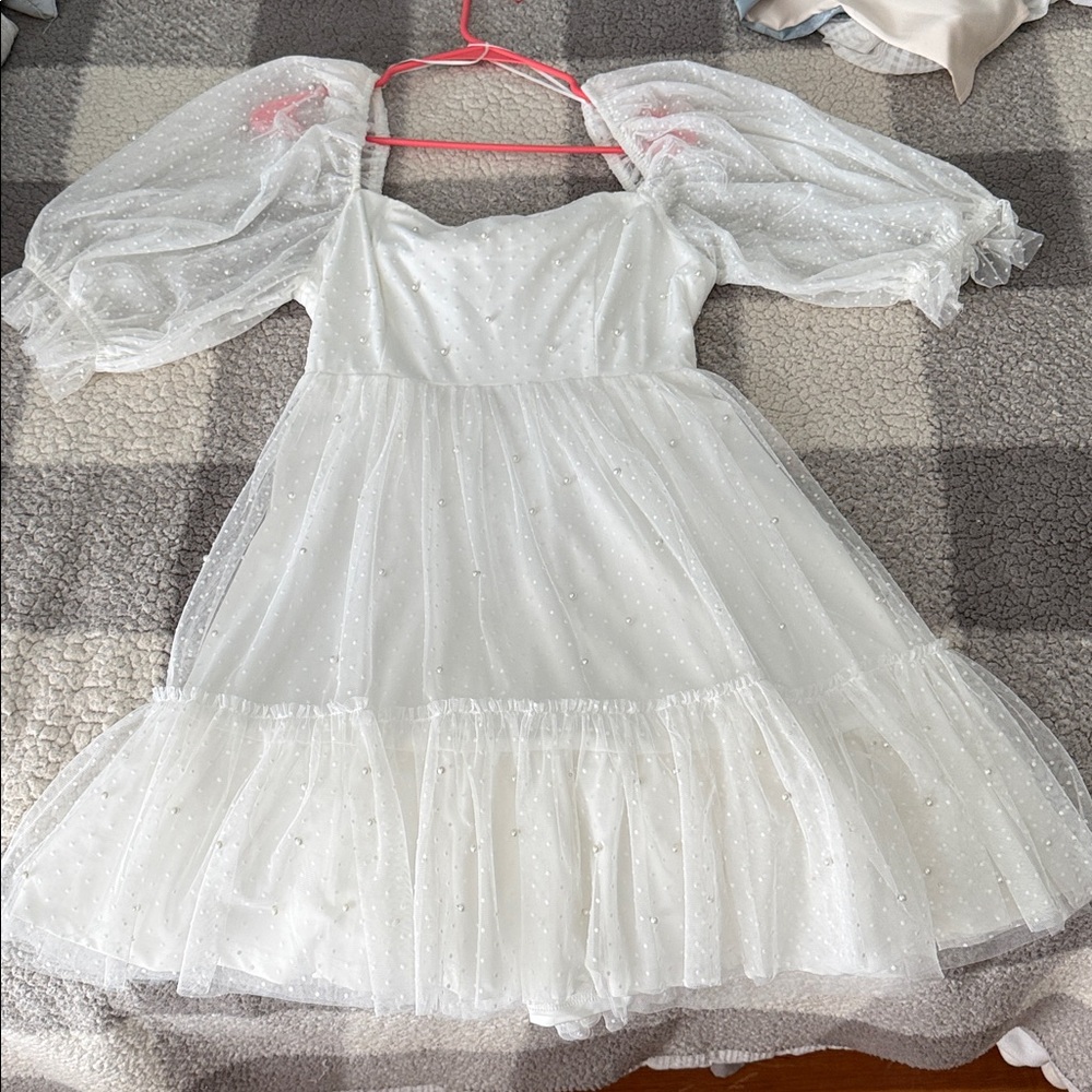 White Puff Sleeve Dress with Pink Accents